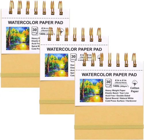 Mini blocs de papel de acuarela, 4 x 4, paquete de 3, libros de bocetos de tapa dura, papel de algodón pesado de 140 libras/10.58 oz/m²,
