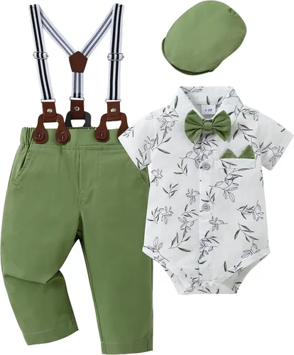 YALLET Conjunto de ropa para bebé niño esmoquin de manga larga para caballero + sombrero de boina + pantalones con tirantes + corbatín de 0 a 18