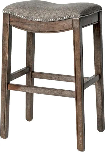 Miniatura 11 de Maven Lane Adrien Taburete de bar sin espalda, asiento de silla de montar de 31 pulgadas con reposapiés, marco de madera maciza gris y tapicería