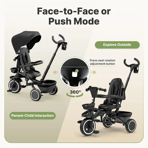 Miniatura 5 de Triciclo 8 en 1 para niños, cochecito de triciclo plegable con asiento reversible, varilla de empuje ajustable y toldo, bicicleta triciclo