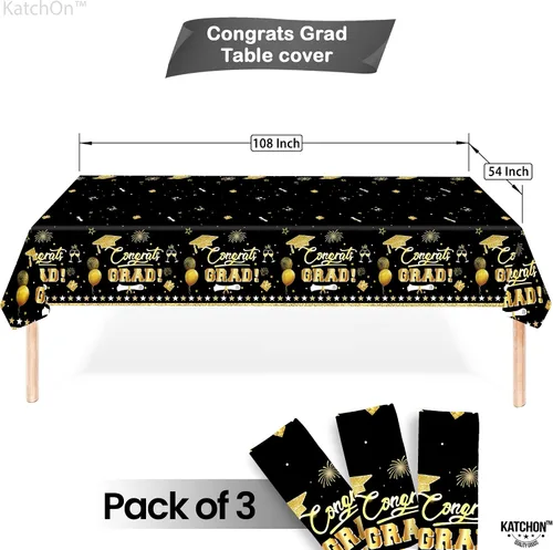 Miniatura 2 de KatchOn Mantel de graduación extragrande de 54 x 108 pulgadas, paquete de 3, decoraciones de graduación 2026, mantel de graduación negro y dorado