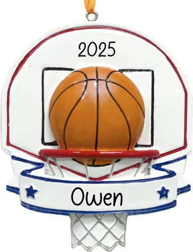 Miniatura 9 de Adorno de Navidad personalizado de baloncesto 2026 Bola B con estrellas doradas y aro de canasta para árbol de Navidad Recuerdo único