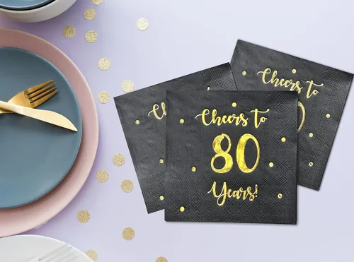Miniatura 4 de Servilletas de cóctel de Cheers to 80 años, decoraciones de feliz cumpleaños n.° 80 para hombres y mujeres, decoraciones de fiesta de aniversario