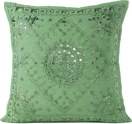 Miniatura 15 de Funda de cojín decorativa bohemia bordada con espejos, hecha a mano para sofá, dormitorio, sala de estar (negro, 16 x 16 pulgadas)