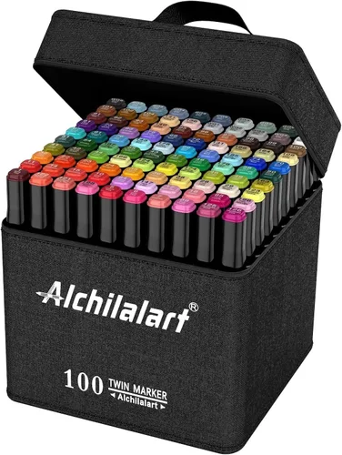 alchilalart Juego de marcadores de alcohol de 100 colores, marcadores artísticos de doble punta con estuche, bolígrafos de artista premium para