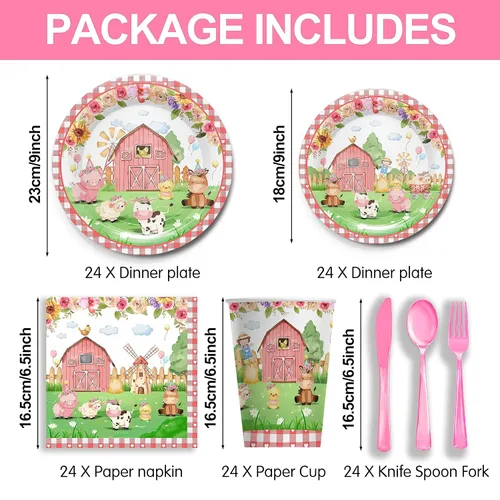 Miniatura 2 de Juego de 168 platos para fiesta de cumpleaños de granja, decoraciones de fiesta de animales de granja para niñas, incluye platos de vaca, vasos