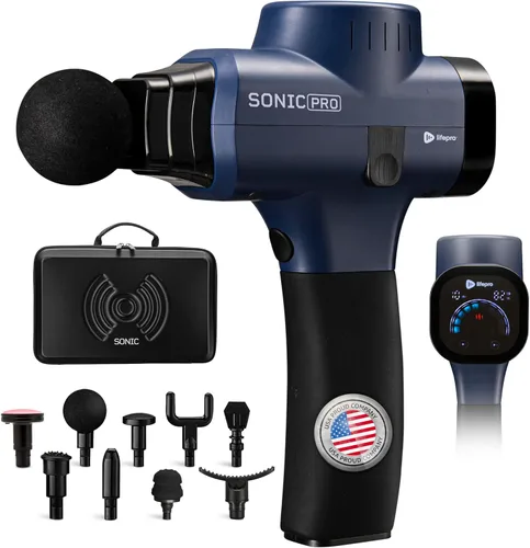 LifePro Sonic Pro Pistola de masaje eléctrica de mano – Pistola de masaje de percusión de tejido profundo con 10 velocidades y 9 cabezales –
