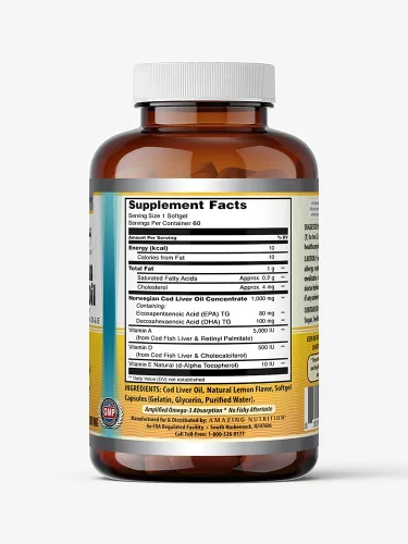 Miniatura 2 de Amazing Omega Norwegian Cod Liver Oil 1000 Mg Softgels Supplement Omega-3, EPA, DHA, Vitamin A, D & Vitamin E (Lemon 60 Count)