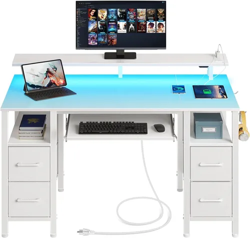 Seventable - Escritorio blanco para computadora con cajones, escritorio de juegos con bandeja para teclado, escritorio de oficina con luces LED y