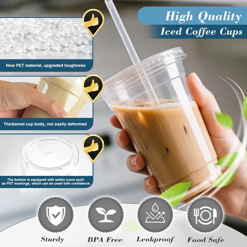 Miniatura 3 de Ginkgo Paquete de 100 vasos de plástico transparente de 24 onzas con tapas y pajitas, tazas desechables para café helado para batidos, limonada
