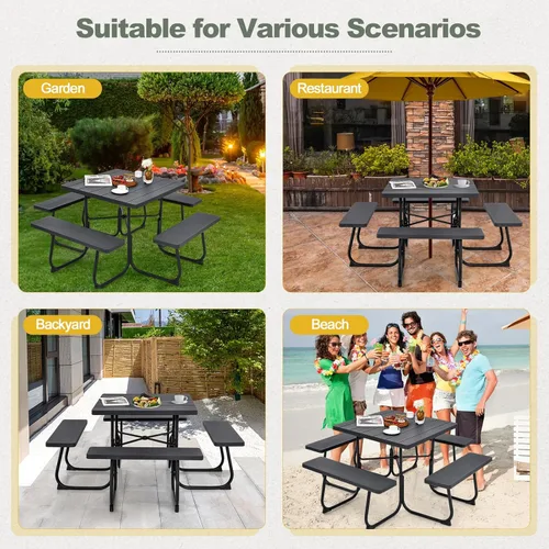 Miniatura 9 de Tangkula Mesa de picnic para 8 personas, mesa de picnic cuadrada al aire libre con 4 bancos integrados, agujero para paraguas, marco de metal y mesa