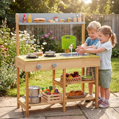 Miniatura 2 de Costzon Cocina de madera para niños, cocina de barro al aire libre con fregadero extraíble, caja de agua y grifo, parte superior de la estufa, Verde