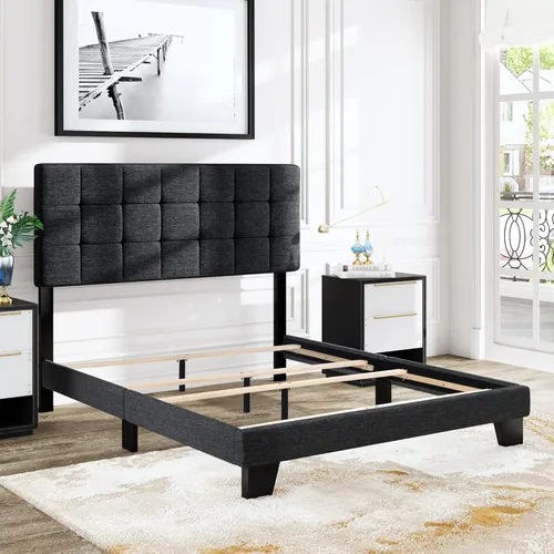 Miniatura 3 de Allewie - Base de cama de tamaño matrimonial con paneles, cabecera ajustable para perfil alto/tapizada en tela/cabecera acolchada cosida