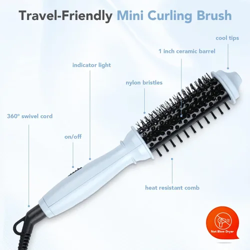 Miniatura 5 de Cepillo redondo calentado de doble voltaje, mini cepillo térmico para dar volumen y rizos pequeños, rizador de viaje de 1 pulgada para cabello