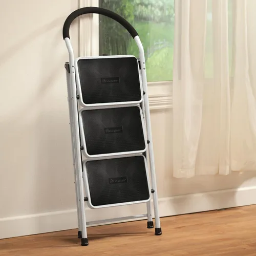 Miniatura 5 de LivingSURE Combo de taburete de escalera de 3 escalones con asa, taburete plegable antideslizante, escalera de pedal extra ancha resistente