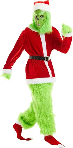 Miniatura 2 de WPOZD Christmas Deluxe Green Monster Costume - 7PCS Adult Suit Deluxe Adult with Green Monster Mask and Red Christmas Hat