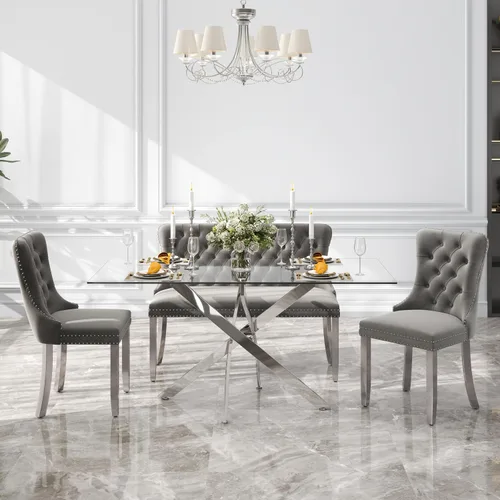 Miniatura 60 de Juego de comedor de 3 piezas con superficie de vidrio transparente, juego de comedor cuadrado minimalista moderno de 36'', juego de mesa de cocina