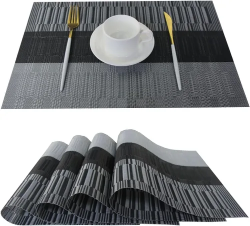 Miniatura 16 de Manteles individuales para mesa de comedor, lavables y fáciles de limpiar, camino de mesa de PVC (1 camino de mesa y 6 manteles individuales, negro)