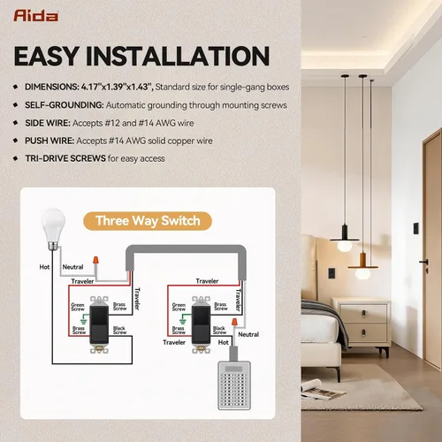 Miniatura 4 de AIDA Paquete de 1 interruptor de luz basculante Decora de 3 vías, interruptores de luz eléctricos con conexión a tierra automática de 15 amperios