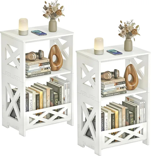 Miniatura 8 de BYFU Mesa auxiliar de 3 niveles, mesa auxiliar pequeña con estante de almacenamiento, mesita de noche blanca, mesita de noche, estantería