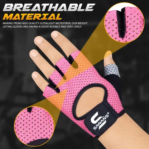 Miniatura 3 de SAWANS Guantes de entrenamiento para hombres y mujeres, guantes para levantamiento de pesas, guantes de gimnasio, fitness, ejercicio, ciclismo, Rosa