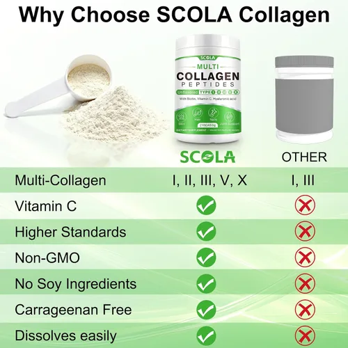 Miniatura 6 de SCOLA Péptidos de colágeno en polvo - Tipo I, II, III, V, X - Péptidos de colágeno hidrolizados con vitamina C ácido hialurónico, apoya la piel