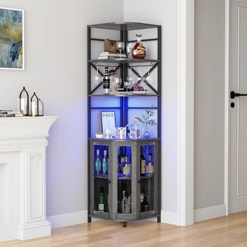 Miniatura 7 de Gabinete de bar de vino con toma de corriente, gabinete de vino industrial de 6 niveles con luz LED y soporte para vidrio, gabinete de barra de Gris