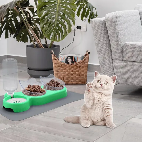 Miniatura 7 de Cuencos triples para gatos con dispensador de agua, juego de cuencos para agua y alimentos para mascotas con alfombrilla antideslizante, cuencos