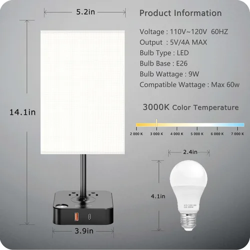 Miniatura 7 de Lámpara de mesa regulable cozoo USB para mesita de noche y escritorio con 2 puertos de carga USB (A+C) y 2 tomas de corriente, lámpara de mesita