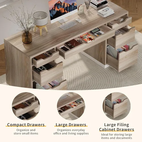 Miniatura 4 de MaverickFurni Escritorio para computadora de 54 pulgadas con cajones de almacenamiento, escritorio ejecutivo con 7 cajones para dormitorio