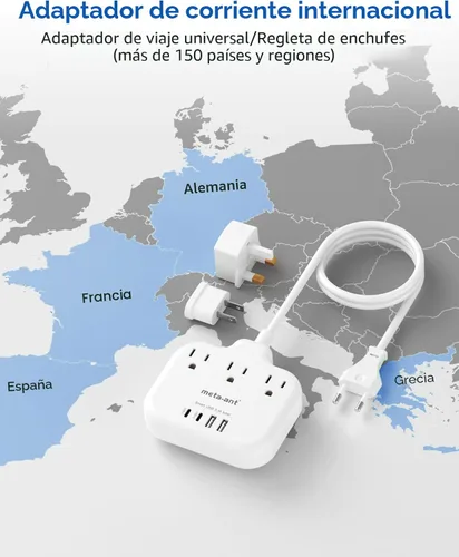 Miniatura 2 de Adaptador de enchufe de viaje europeo, adaptador de enchufe estadounidense a europeo con 3 tomas de corriente americanas y 4 USB, cable