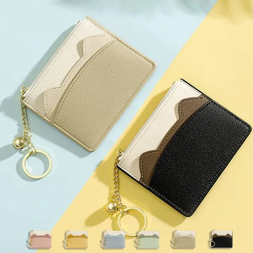 Miniatura 28 de Tarjetero delgado con bloqueo RFID, billetera de bolsillo pequeño, con cremallera Keychian para monedero, monedero y tarjetero para mujeres y hombres