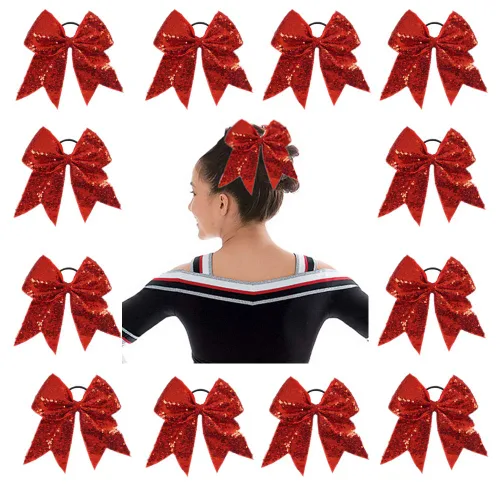 Miniatura 7 de Oaoleer 12 lazos grandes con purpurina para el pelo de 7 pulgadas, banda elástica hecha a mano para animadoras, adolescentes, niñas, deportes Negro
