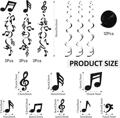 Miniatura 2 de Spakon 84 piezas de notas musicales colgantes, remolinos musicales, decoraciones de fiesta temática musical, notas musicales, papel de aluminio