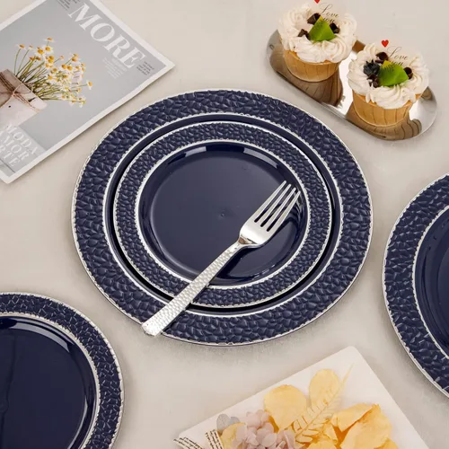 Miniatura 4 de Ciaell 150 platos de plástico azul y plateado – El plato desechable azul incluye 50 platos, 25 cuchillos, 25 tenedores, 25 cucharas, 25 tazas