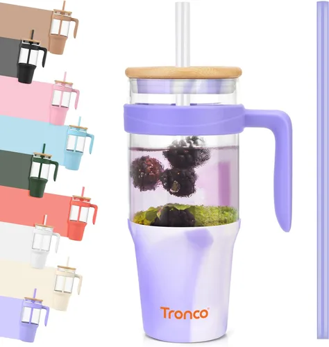 Miniatura 40 de Tronco Vaso de vidrio de 32 onzas con popote y tapa, tapa con popote 2 en 1 a prueba de fugas, botellas de agua de vidrio con asa, apto para Rosa