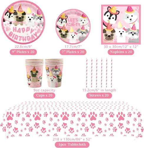 Miniatura 2 de Decoraciones de fiesta de perro, suministros de vajilla de fiesta de cumpleaños con diseño de pata de cachorro rosa, incluye platos llanos de 9