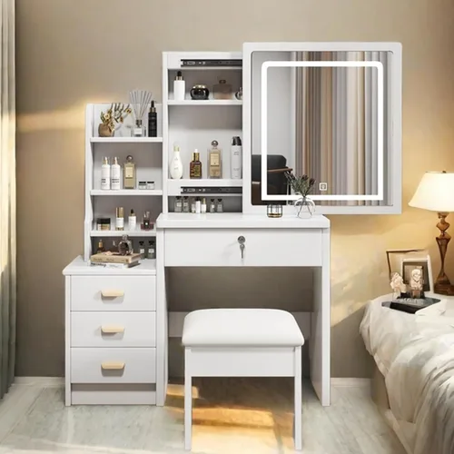 Miniatura 13 de Runboll Small Vanity Desk with Mirror and Lights, Makeup Vanity Table Set with Power Outlet, Drawer Storage, Stool, Adjustable LED Lighting