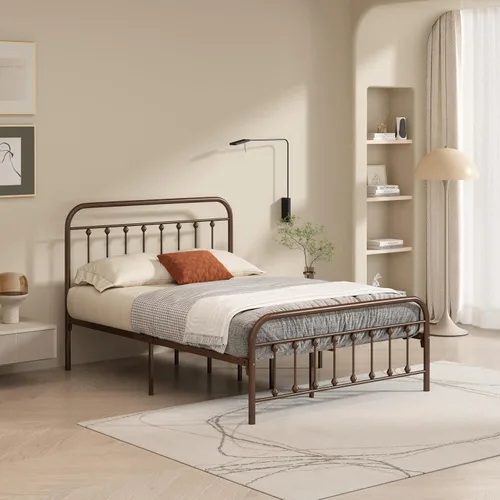 Miniatura 10 de Marco de cama de metal tamaño matrimonial con cabecero y estribo, sin somier, color blanco