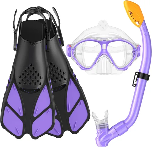 Miniatura 14 de Seovediary Juego de esnórquel para niños, máscara, aletas, equipo de esnórquel para niños, gafas de natación antiniebla con vista panorámica de 180