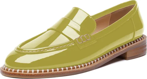 Miniatura 23 de FOGEENA Mocasines de tacón bajo para mujer, estilo casual, puntera redonda, de charol grueso, de 1 pulgada