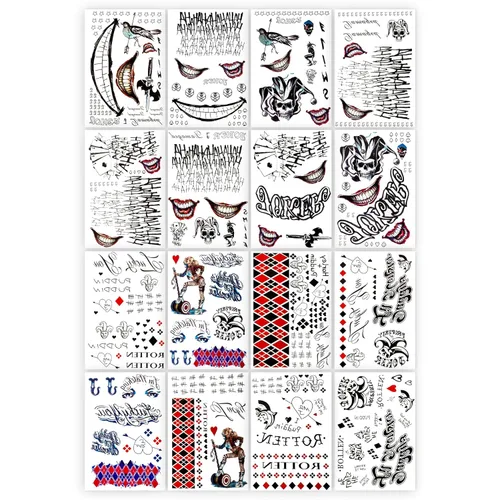 Miniatura 8 de NEDEQI - 8 hojas de tatuajes de Joker de tamaño grande, tatuaje falso temporal de Halloween para hombres y adultos, todas las versiones, calcomanías