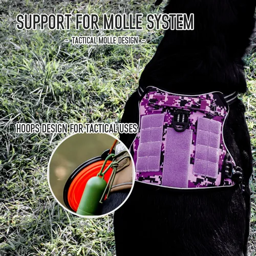 Miniatura 3 de Arnés táctico para perros medianos y grandes, camuflaje morado, control ajustable sin tirones con asa, chaleco reflectante resistente, talla M