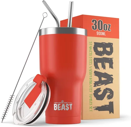 Miniatura 22 de Beast Vaso Térmico de 30 oz de Acero Inoxidable con Aislamiento al Vacío para Café y Hielo de Doble Pared Termo de Viaje (Rojo Arándano)