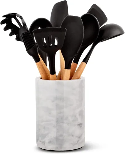 Miniatura 8 de Homeries Soporte para utensilios de madera de acacia para decoración de encimera de cocina, organizador de utensilios de cocina, organizador