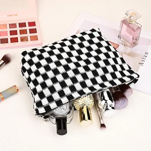 Miniatura 7 de SOIDRAM Bolsa de maquillaje negra de 2 piezas, bolsa grande de cosméticos a cuadros, capacidad de mezcla de lona, bolsa de aseo de viaje