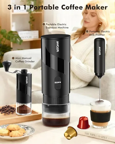 Miniatura 4 de Máquina de café espresso eléctrica portátil y molinillo de café manual y espumador de leche eléctrico todo en 1, mini cafetera de viaje