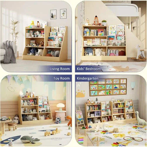 Miniatura 7 de IKALIFE Estantería de madera grande para niños de 39" y organizador de almacenamiento de juguetes, librero para bebés con estante colgante para Beige
