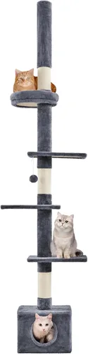 Yaheetech Árbol para gatos, torre de piso a techo para gatos grandes, árbol de escalada alto ajustable de 89-104.5 pulgadas con postes rascadores,