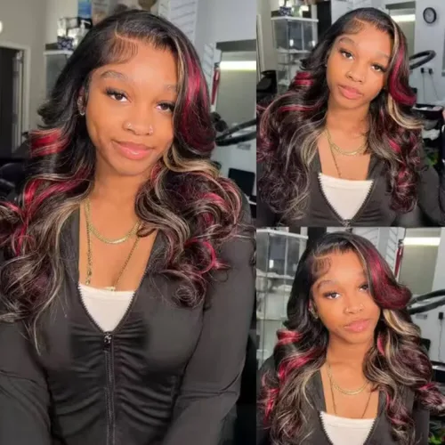 Miniatura 3 de abgese Peluca de cabello humano ondulado con reflejos rojos, pelucas de cabello humano ondulado con encaje frontal, densidad del 180 %, encaje